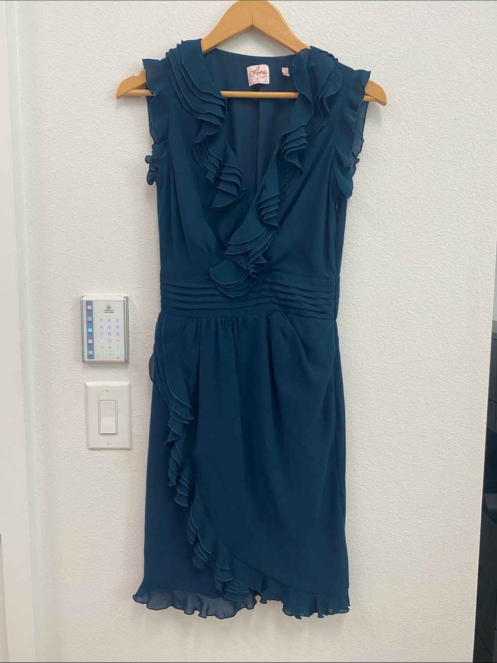 Leona Edminston lined Teal Ruffle Trim Midi Dress Australia Designer size 8